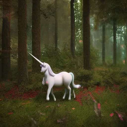 Image similar to a unicorn in a magical forest, 3 d render octane, trending on artstation