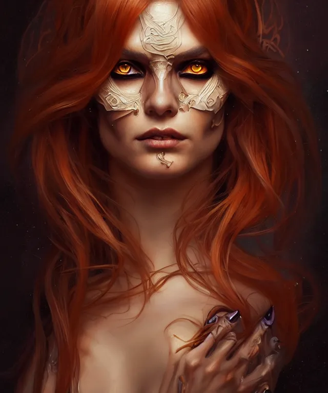 Image similar to Halloween woman portrait, sci-fi, amber eyes, face, long hair, fantasy, intricate, elegant, highly detailed, digital painting, artstation, concept art, smooth, sharp focus, illustration, art by artgerm and greg rutkowski and alphonse mucha