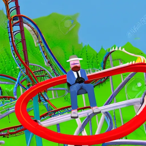 Prompt: Heisenberg sitting in a roller coaster, having a great time, in the style of rollercoaster tycoon 2