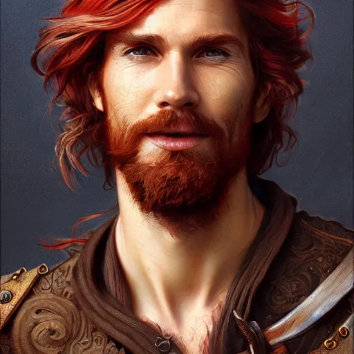 Image similar to portrait of a young ruggedly handsome but joyful pirate, male, masculine, upper body, red hair, long hair, d & d, fantasy, joyful smirk, intricate, elegant, highly detailed, digital painting, artstation, concept art, matte, sharp focus, illustration, art by artgerm and greg rutkowski and alphonse mucha