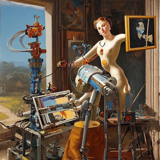 Image similar to robot artist painting a self - portrait on a canvas. intricate, highly detailed, digital matte painting, in the style of alexandros pyromallis, and in the style of hans thoma, and in the style of gil elvgren. irony, recursion, inspiration.