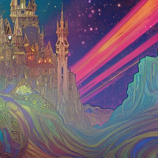 Image similar to a beautiful highly detailed digital art of colorful castle nebulas by, moebius, alphonse mucha, stars in the background, highly detailed, intricate design, cinematic view, 8 k resolution, trending on artstation