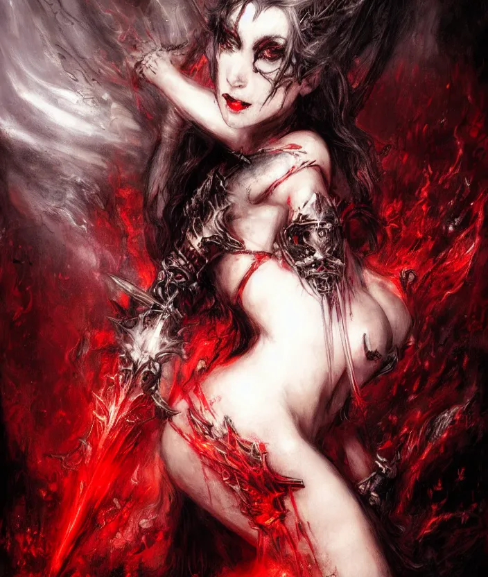 Prompt: Concept art Aggressive Gothic princess in dark and red dragon armor. By Joseph Mallord William Turner, Luis Royo, artstation trending, Rembrandt, highly detailded