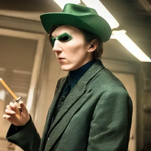 Prompt: film still of Paul Dano as Riddler in a The Batman movie, 4k, dark muted colors!!!!!, low saturation!!!!!, film noir, dim lighting!!!, heavy shadows!!!, grainy footage