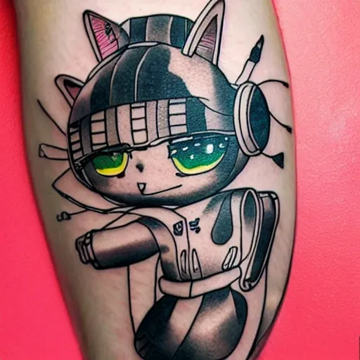 Prompt: Anime manga robot!! cat tattoo, cyborg cat, exposed wires and gears, fully robotic!! cat, manga!! in the style of Junji Ito and Naoko Takeuchi, cute chibi cat, tattoo on upper arm, arm tattoo