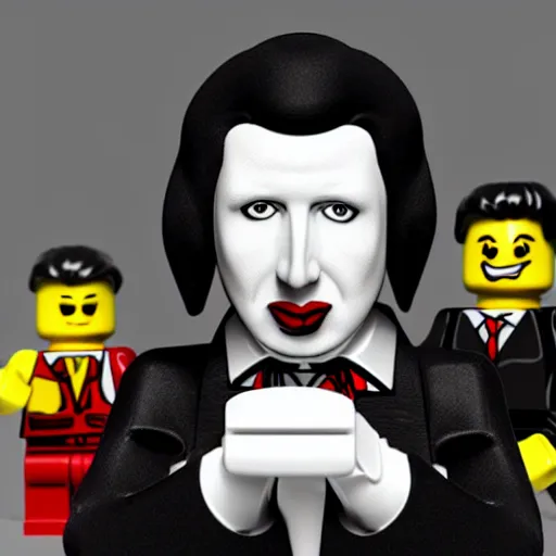 Prompt: photorealistic portrait of marilyn manson with body of lego toy, lego movie still, realistic 3 d render, 8 k