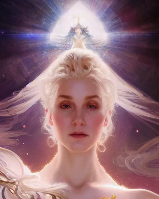 Image similar to realistic portrait of a beautiful white witch, bright, beautiful, heroic pose, beautiful face, magic, dramatic lighting, intricate, wild, highly detailed, digital painting, artstation, concept art, smooth, sharp focus, illustration, art by artgerm and greg rutkowski and alphonse mucha, footage from space camera