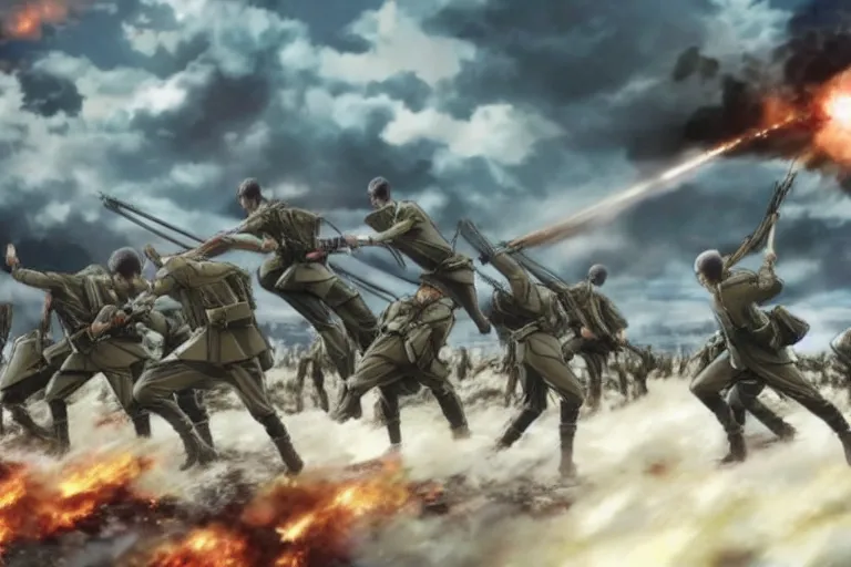 Prompt: A still of soviet troops advancing under fire in Attack On Titan Anime Series, 8k Resolution.