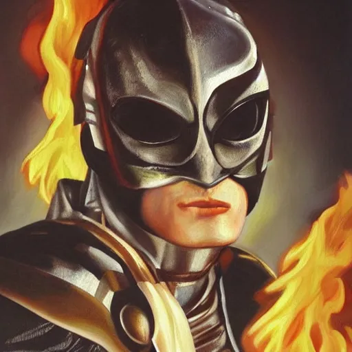 Image similar to a realistic painting by Raffaello Sanzi depicting the Kamen Rider Black RX with the head of the symbiotic Burning Skull in the Renaissance,smooth,Sharp focus, trending on Artstation.