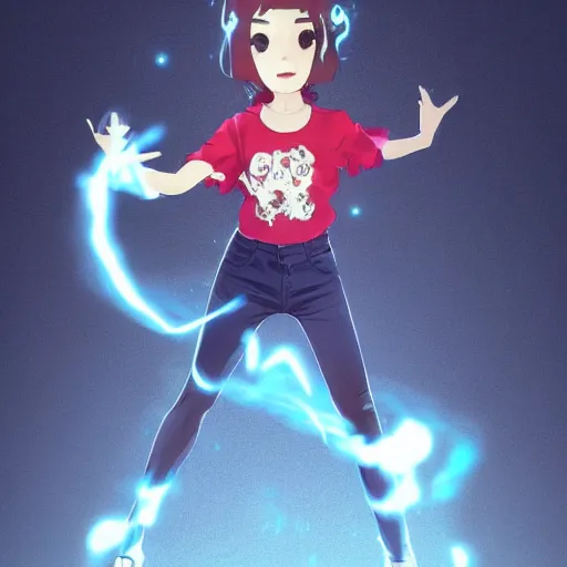 Image similar to Full body, splash art by WLOP, Ilya kuvshinov, Krenz Cushart, and Greg Rutkowski, trending on artstation. Realistic fantasy cute Latina Pixar-style young girl, expressing joy, silky hair, wearing a red-sleeved white t-shirt with jeans, she has fire powers, her hair glows super glowy fire, Cinematic dramatic atmosphere of a mystic forest, sharp focus, soft volumetric studio lighting.