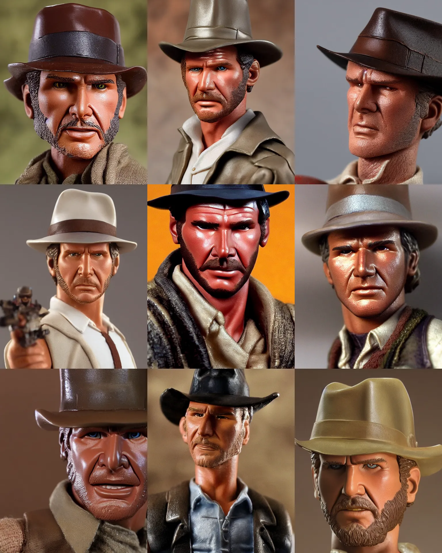Prompt: harrison ford indiana jones!!! neca!!! f plastic action figure by neca face close up headshot in the style of neca, character by neca, soft flat light, overcast