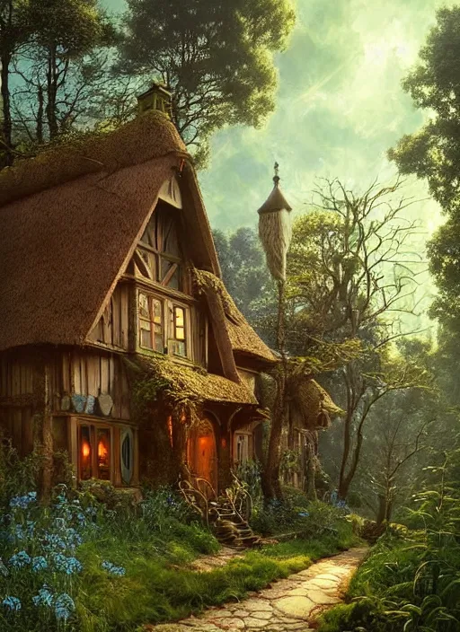 Prompt: hyper realistic homely ornate modern witch cottage distant down a path in the woods gorgeous lighting, blue sky, highly detailed, lush forest by zdzisław beksinski and norman rockwell and greg rutkowskiweta studio, and lucasfilm