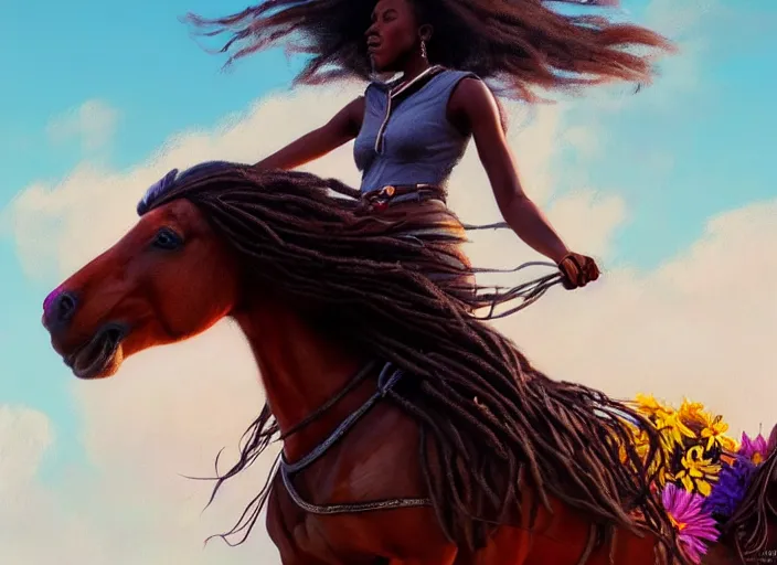 Image similar to full body portrait of young black woman riding a horse, flowing dreads, beautiful clydesdale, field of colorful flowers, highly detailed, digital painting, artstation, concept art, smooth, sharp focus, illustration, face by wlop, illustrated by mars ravelo and greg rutkowski