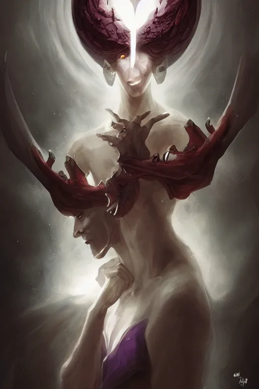 Prompt: djinn man demon hybrid, warlock, portrait, concept art, purple cloak, single face, illustration, costume design, white spiral horns, editorial photo, fashion, hyperrealism, realism, trending on artstation, Charlie Bowater, WLOP