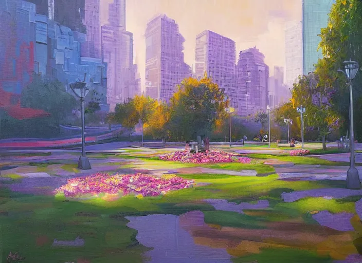 Image similar to bright beautiful oil painting of a futuristic city park by Alexander Labas