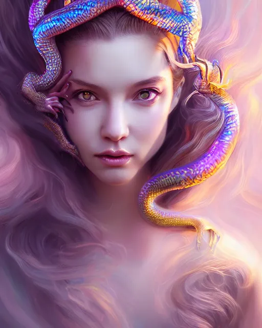 Image similar to cute female medusa woman dragon chimera of iridescent liquid, alchemy, shiny plastic, intricate, bloom, detailed, volumetric lighting, sharp focus, photorealism, digital painting, highly detailed, concept art, by by artgerm and wlop