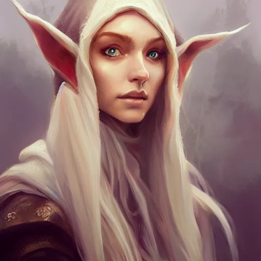Prompt: a head - on detailed oil portrait of a distinguished elf woman wearing a white hood with long!! curly!! blonde hairs and bright irises, by charlie bowater, lise deharme, wlop, trending on artstation, dungeon and dragons art, l critical role