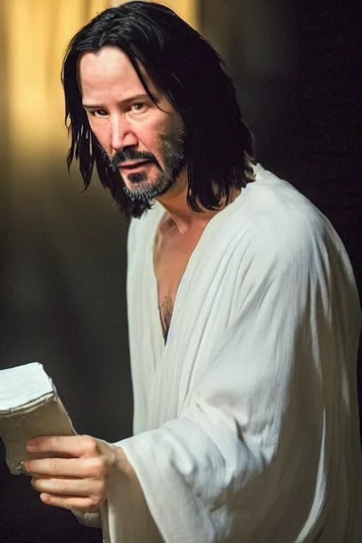 Image similar to Keanu Reeves as Jesus Christ for an upcoming movie directed by Christopher Nolan, detailed face, good lighting, promo shoot, studio lighting