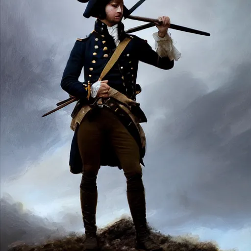 Image similar to a dramatic epic ethereal portrait of a soldier in French revolutionary wars, 18th century, full body with dynamic pose, male, detailed face, cinematic lighting, highly detailed oil on canvas painting by Greg Rutkowski, winning-award digital art trending on Artstation H 1024 W 832