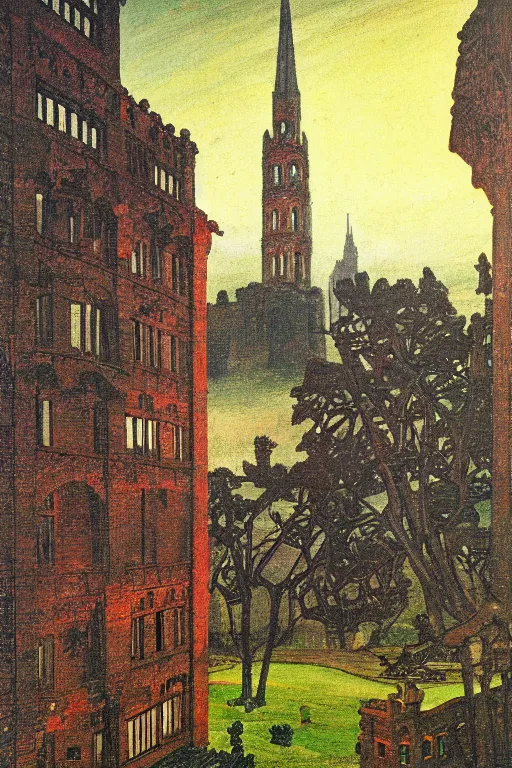 Prompt: view of the old tower and its gardens after a storm, tall windows lit up, beautiful ornamental architecture, dramatic cinematic lighting, rich colors, by Caspar David Friedrich and Diego Rivera and ford madox brown and Nicholas Roerich , smooth, sharp focus, extremely detailed, featured on artstation