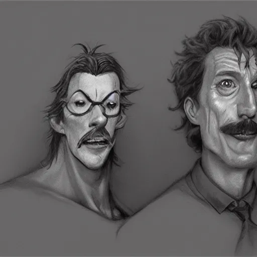 Prompt: pencil illustration of Tim Curry and Nigel Thornberry trending on art station Greg rutkowski cinematic