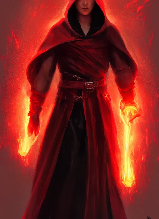 Prompt: Half-body of a hooded brunette elven fire mage in a black and red robe with fire around him. In style of Hyung-tae Kim and Greg Rutkowski, concept art, trending on ArtStation, Korean MMORPG, over-detailed art, 4K, epic, dynamic lightning, dramatic pose.