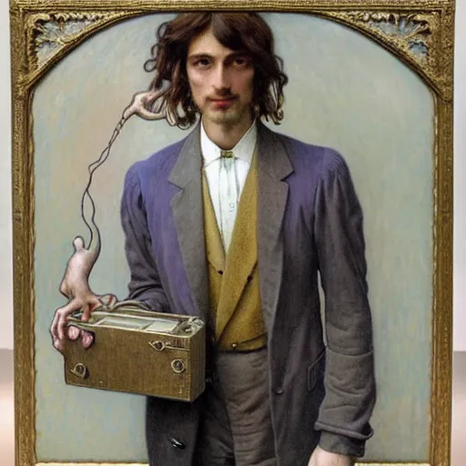 Image similar to realistic extremely detailed portrait painting of. an average. man with his. briefcase .in his. left hand . by Jean Delville, Amano, Yves Tanguy, Alphonse Mucha, Ernst Haeckel, Edward Robert Hughes, Roger Dean, pale muted pastel moody colors, gold eyes