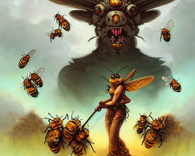 Prompt: Beekeeper warrior summoning an army of bees to descend on their foes, peter mohrbacher, anato finnstark, artgerm