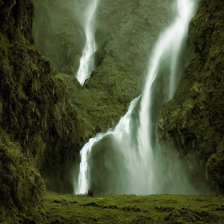 Image similar to dark and moody 1 9 8 0's artistic color spaghetti western film, a woman in a giant billowing wide long flowing waving shining bright white dress made out of waterfalls, standing inside a green mossy irish rocky scenic landscape, huge waterfall, volumetric lighting, backlit, atmospheric, fog, extremely windy, soft focus