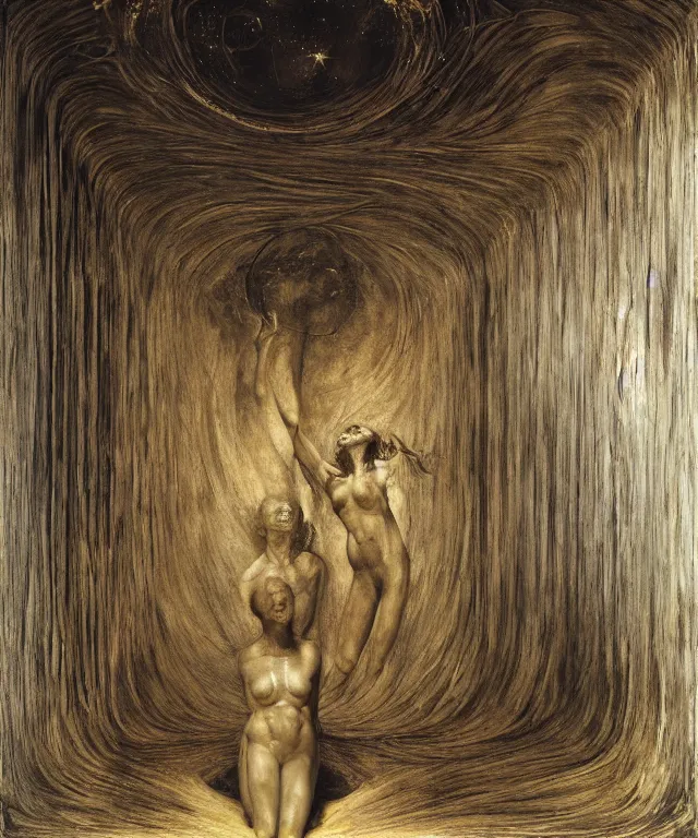 Image similar to The room without doors and windows with beautiful full-body wax sculpture of a glowing transparent woman with visible golden bones inside it in the singularity where stars becoming baroque folds of dark matter by Michelangelo da Caravaggio, Nicola Samori, William Blake, Alex Grey and Beksinski, dramatic volumetric lighting, highly detailed oil painting, 8k, masterpiece