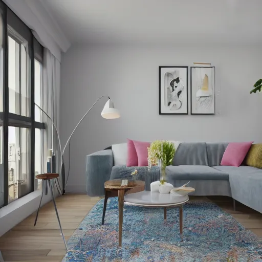 Image similar to apartment in soothing colors, furnished by nate berkus, ultra realstic, 8k octane render