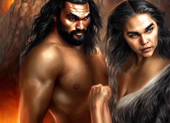 Prompt: jason momoa as khal drago with queen daenerys stormborn by anne stokes and larry elmore, detailed matte painting, realistic portrait, symmetrical, highly detailed, digital painting, artstation, concept art, smooth, sharp focus, illustration, cinematic lighting, 8 k resolution