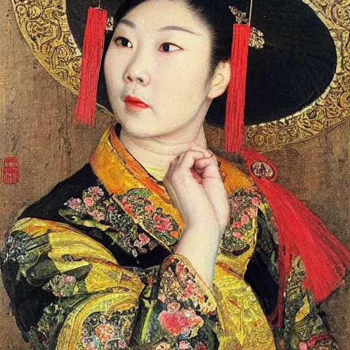 Prompt: portrait of chinese beauty masterpiece painting by vasnetsov and surikov, JEAN-VICTOR BERTIN, by Terence Cuneo, detailed, t artfully traced