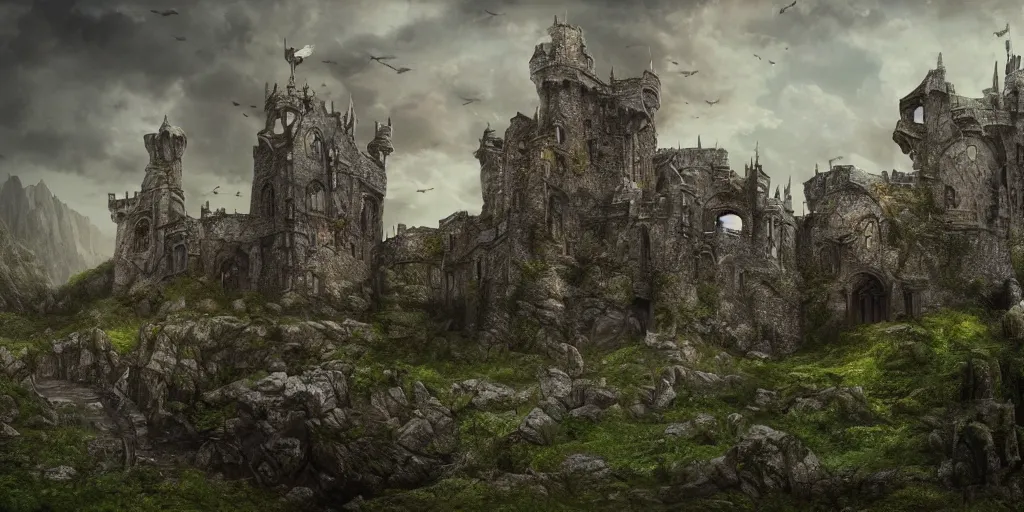 Prompt: matte painting, castle, dramatic landscape, overgrown, cinematic