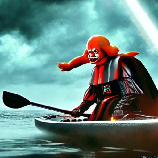 Image similar to pennywise the clown fighting darth vader on a kayak, photo, hyperrealistic, star wars, it