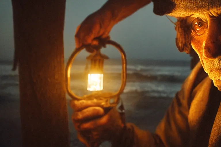 Image similar to closeup old man holding up a lantern on the beach in a pirate bay meet to a old wood shack by emmanuel lubezki