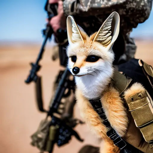 Prompt: close up of a fennec fox dressed in a modern american military soldier uniform, in apocalyptic wasteland, 8 5 mm f / 1. 4