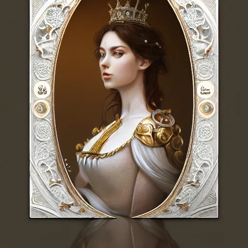 Image similar to a realistic queen with a decorated dress made of white pearls and white plumes of swan, highly detailed, digital painting, Trending on artstation , HD quality, by artgerm and greg rutkowski and alphonse mucha, dramatic light, octane