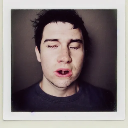 Prompt: a professional polaroid portrait photo of a man with an asymmetrical face with his eyes closed, dreaming. the man has black hair, light freckled skin and a look of panic on his face. extremely high fidelity. key light.