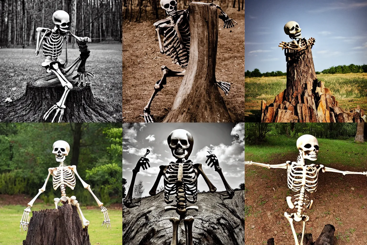 Prompt: skeleton dancing on a stump, ild photo