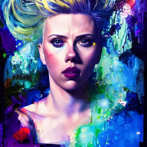 Image similar to scarlett johansson as delirium from sandman, ( hallucinating colorful soap bubbles ), by jeremy mann, by sandra chevrier, by dave mckean and richard avedon and maciej kuciara, punk rock, tank girl, high detailed, 8 k