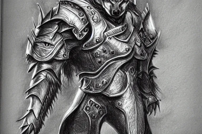 Image similar to a pencil drawing of a wolf, full body, D&D, armor, made by by Pen Tacula