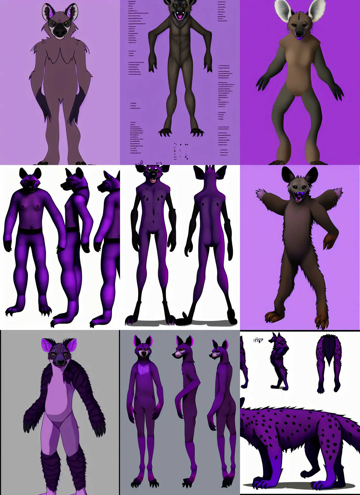 Image similar to a full - body centered front - perspective furry reference sheet, a male hyena fursona, purple and black color scheme, trending on weasyl, high - resolution, photorealistic