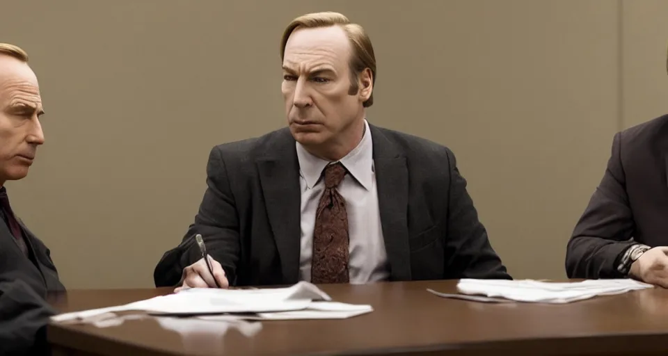 Prompt: bob odenkirk intensely arguing with michael mckean in court, still from better call saul