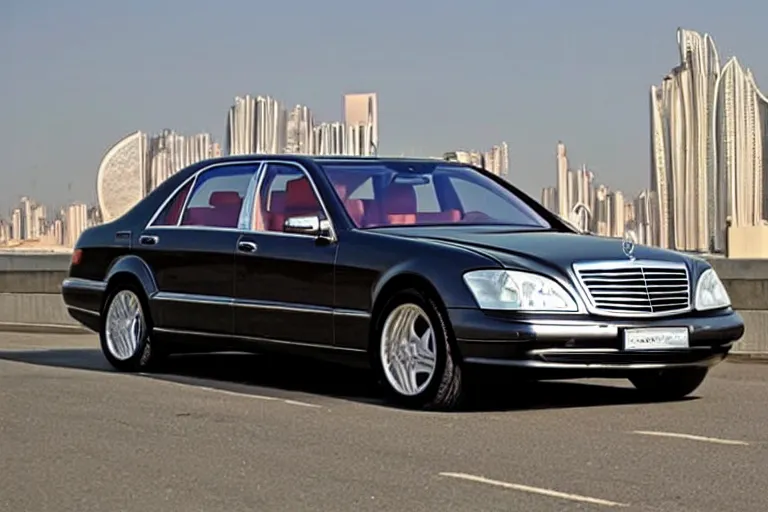 Prompt: gold Mercedes-Benz s500 long in the body 220 (w220) 2002 old year is on the roof of a high-rise building in abu dhabi