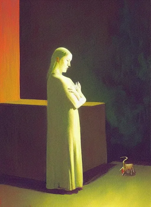 Image similar to woman praying to a goat on rainy night by Edward Hopper and James Gilleard, Zdzislaw Beksinski highly detailed