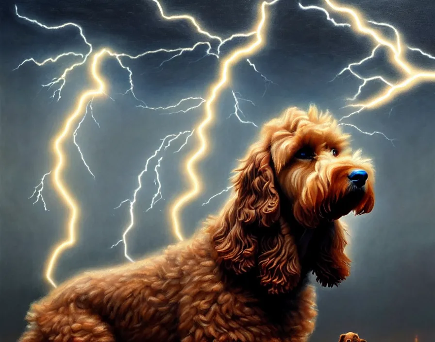 Image similar to an epic painting of a brown goldendoodle as zeus, shooting lightning bolts from his paws, by alex grey and greg rutkowski, intricate details, artstation, cinematic, hd, beautiful