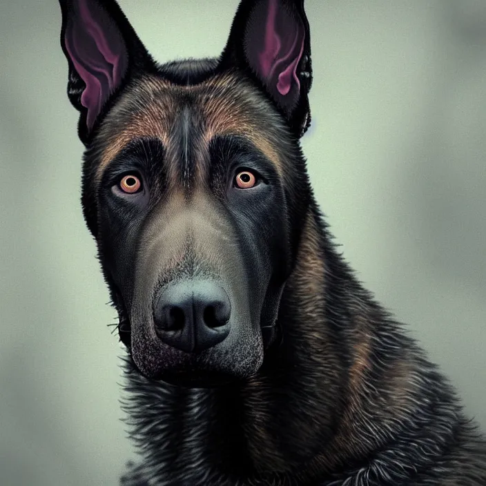 Image similar to portrait of belgian malinois. infected with zombie fungus. intricate abstract. intricate artwork. by Tooth Wu, wlop, beeple, dan mumford. octane render, trending on artstation, greg rutkowski, very coherent symmetrical artwork. cinematic, hyper realism, high detail, octane render, 8k, iridescent accents, deep blacks