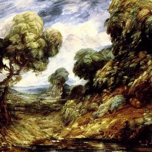 Image similar to painting of a lush natural scene on an alien planet by john constable. beautiful landscape. weird vegetation. cliffs and water.