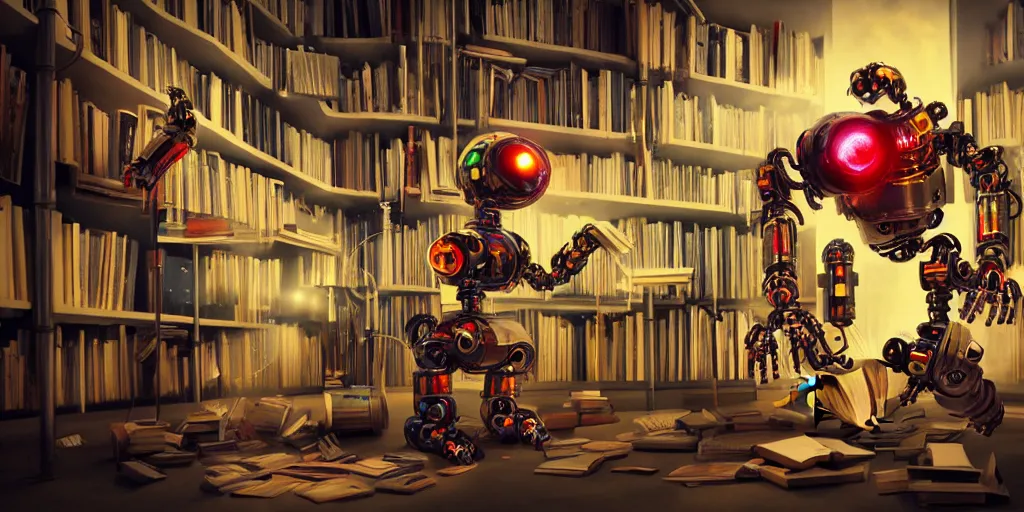 Image similar to A frightening multi armed evil robot devouring books with pipes and tubes and pages floating down, hyperealistic very colourful hdr cinematic lighting cgi render photorealistic cinematic octane render